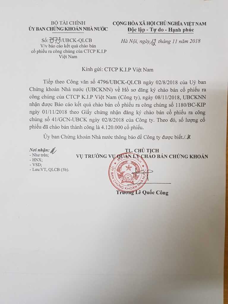 Công văn của Ủy ban chứng khoán Nhà nước về việc báo cáo kết quả chào bán cổ phiếu ra công chúng của Công ty CP K.I.P Việt Nam