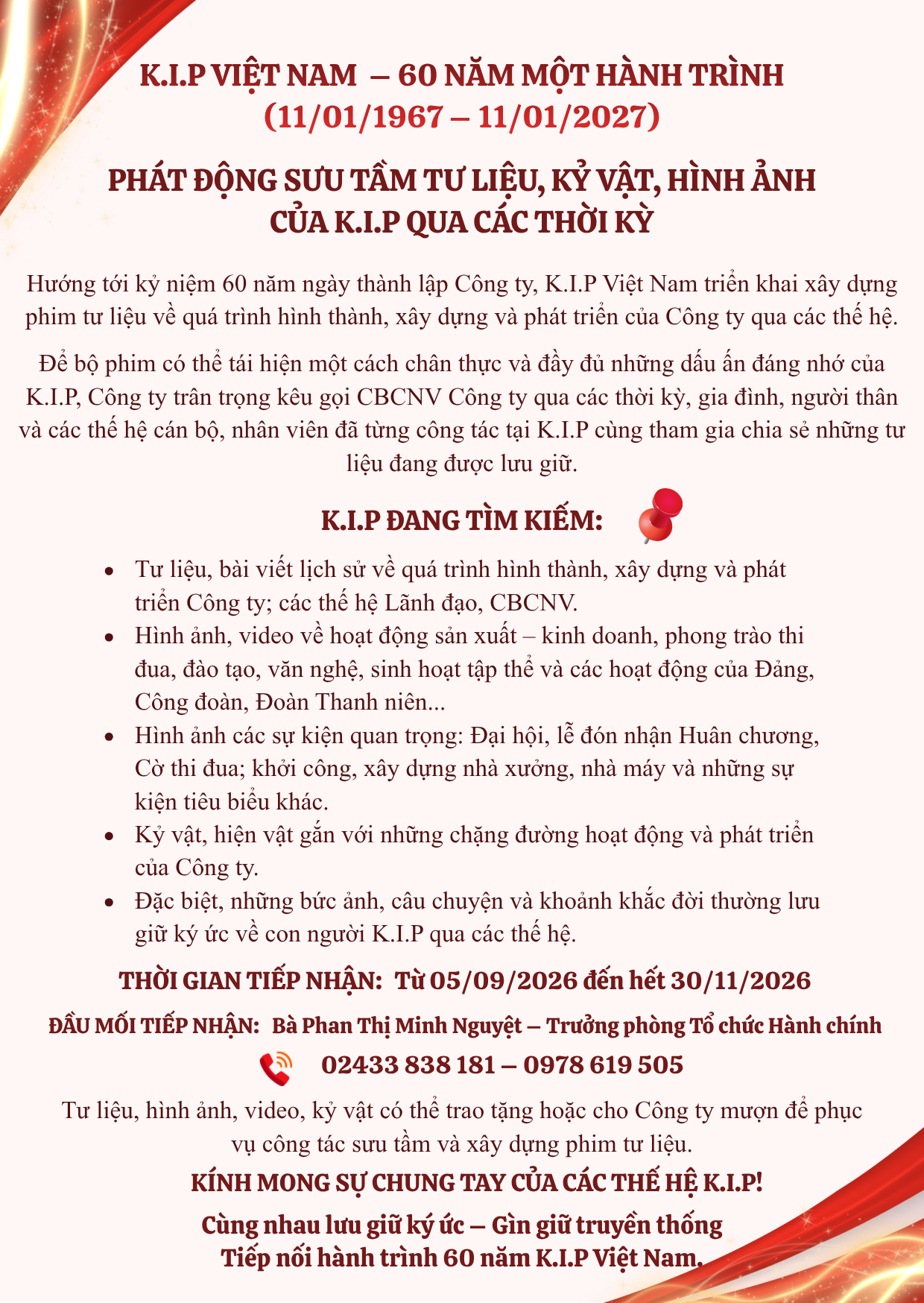 K.I.P Việt Nam phát động sưu tầm tư liệu, kỷ vật, hình ảnh của Công ty qua các thời kỳ