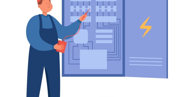 Cartoon electrician working with electric cabinet. Technician fixing electrical panel board, circuit breaker or fuse box flat vector illustration. Electricity, maintenance, service concept for banner